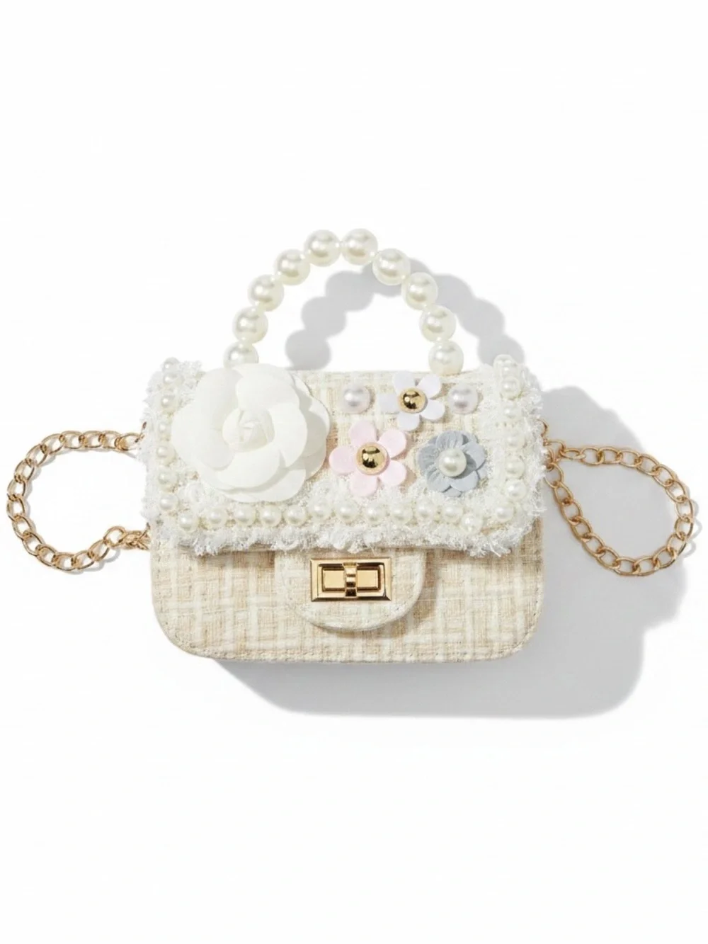 New Girls' Ivory Tweed Pearl-Trim Mini Crossbody Shoulder Bag Purse Chain Strap